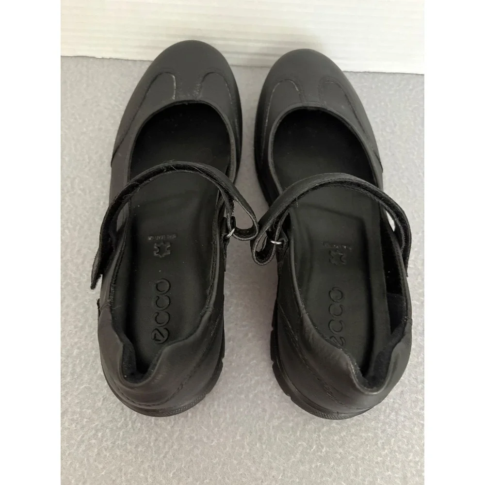 ECCO Womens Mary Jane Flats Leather EU 38 US 7-7.5 Black Hook Loop Comfort Shoe